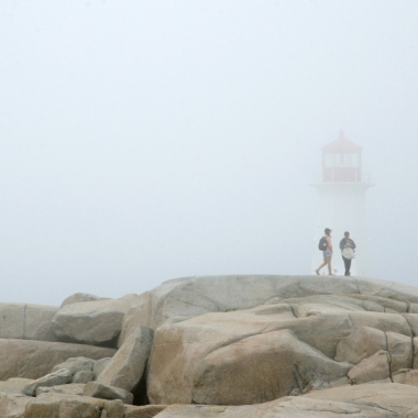fog, rocks, Peggy&#039;s Cove lighthouse, walking in the fog